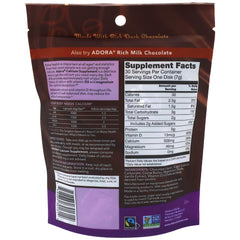 Adora calcium dark chocolate packaging shows Fairtrade and non-GMO features for ethical snacking.