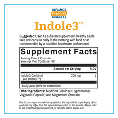 Advance Physician Formulas Indole-3-Carbinol label close-up highlights vegetarian formula