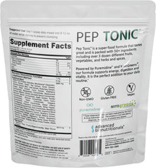 Pep Tonic glass with juice shows hydration and a fruity greens boost.