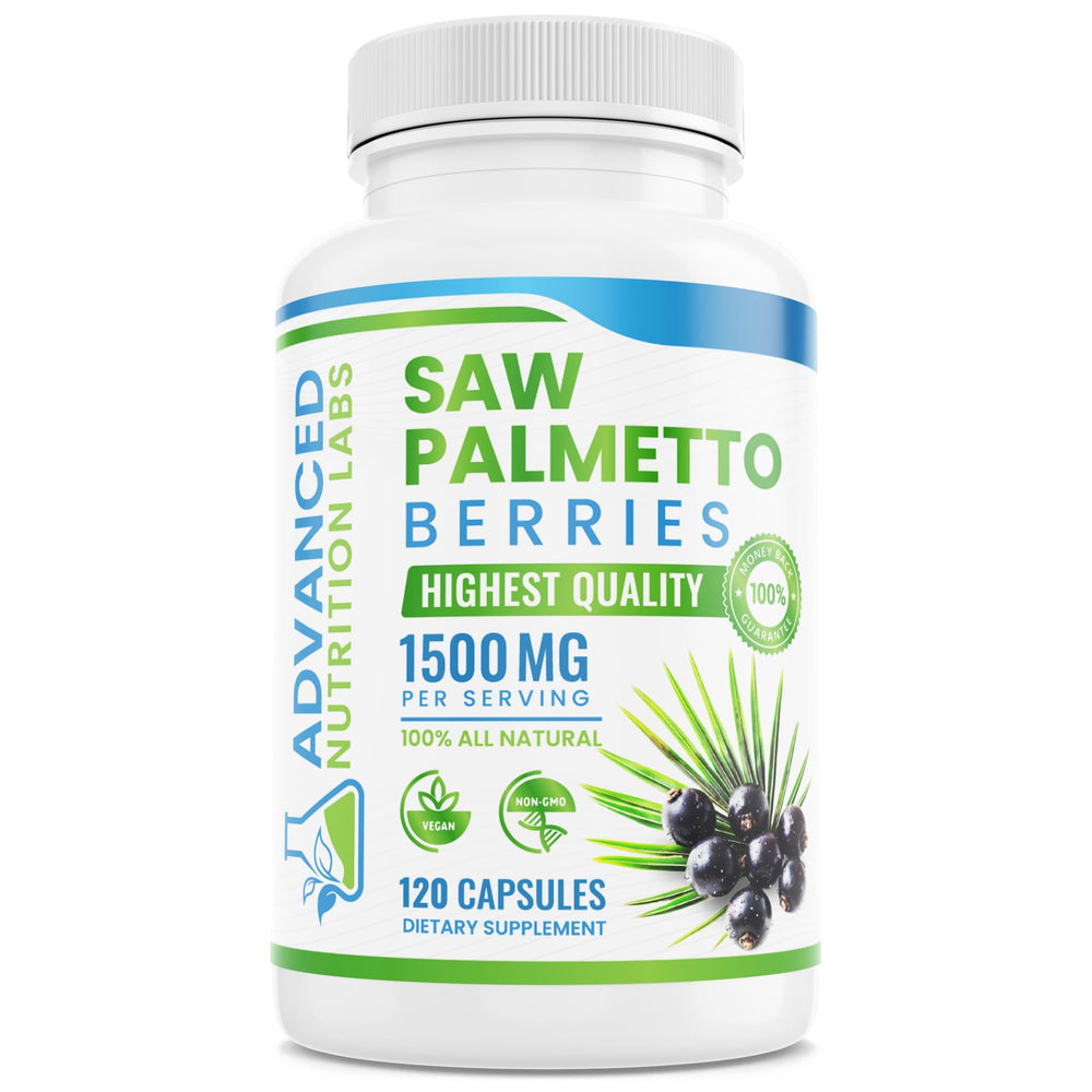 Advanced Nutrition Labs Saw Palmetto berries bottle with potent 1500 mg daily support