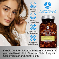 Label close-up on Advanced Trichology EFA Complete bottle with ingredient highlights