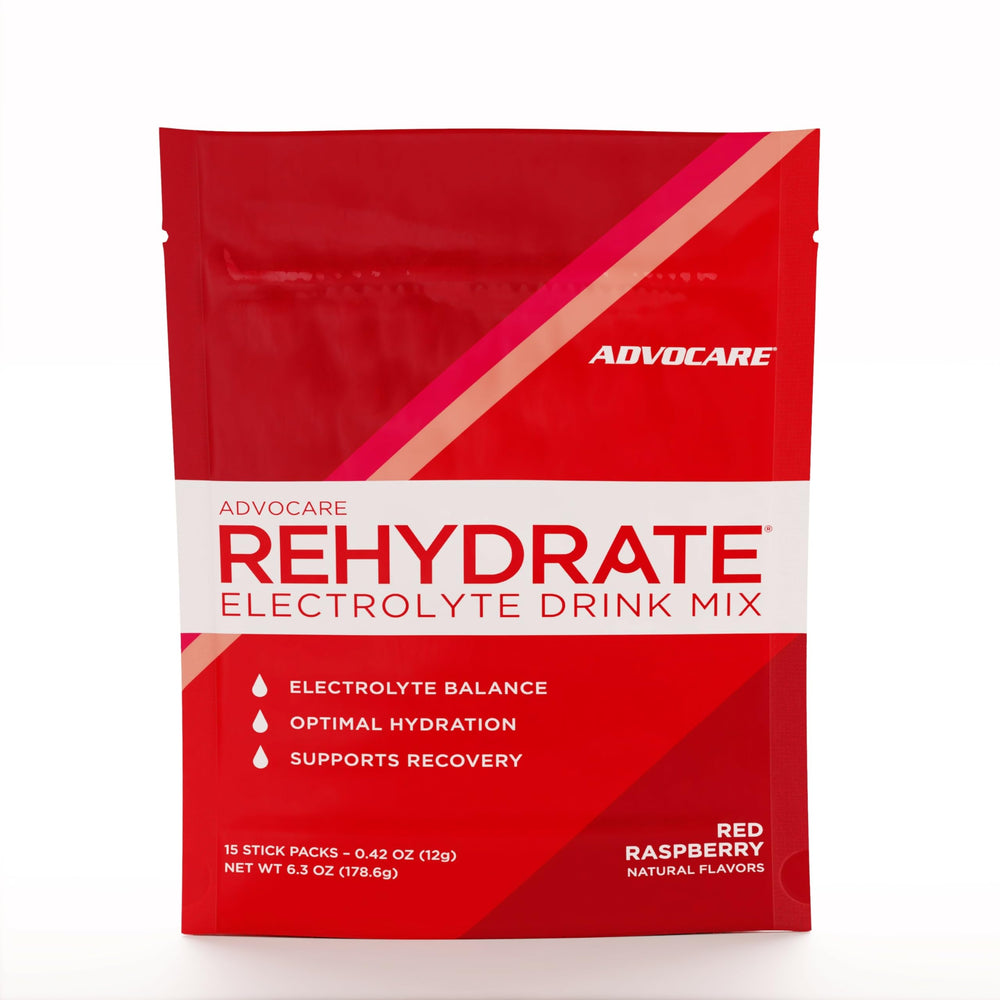 AdvoCare Rehydrate box front with 15-stick packs for on-the-go hydration