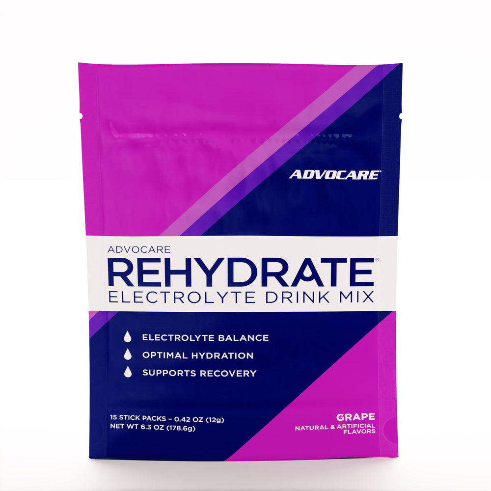 AdvoCare Rehydrate grape stick-pack for quick hydration during workouts.