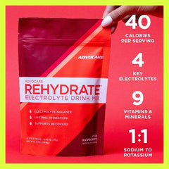 AdvoCare Rehydrate bottle label highlighting electrolytes and vitamins