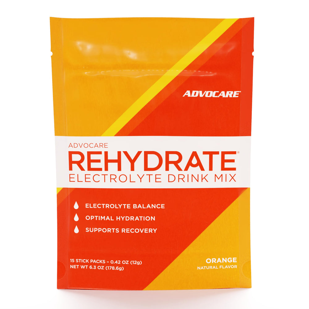 AdvoCare Rehydrate orange stick pack for convenient hydration on the go.