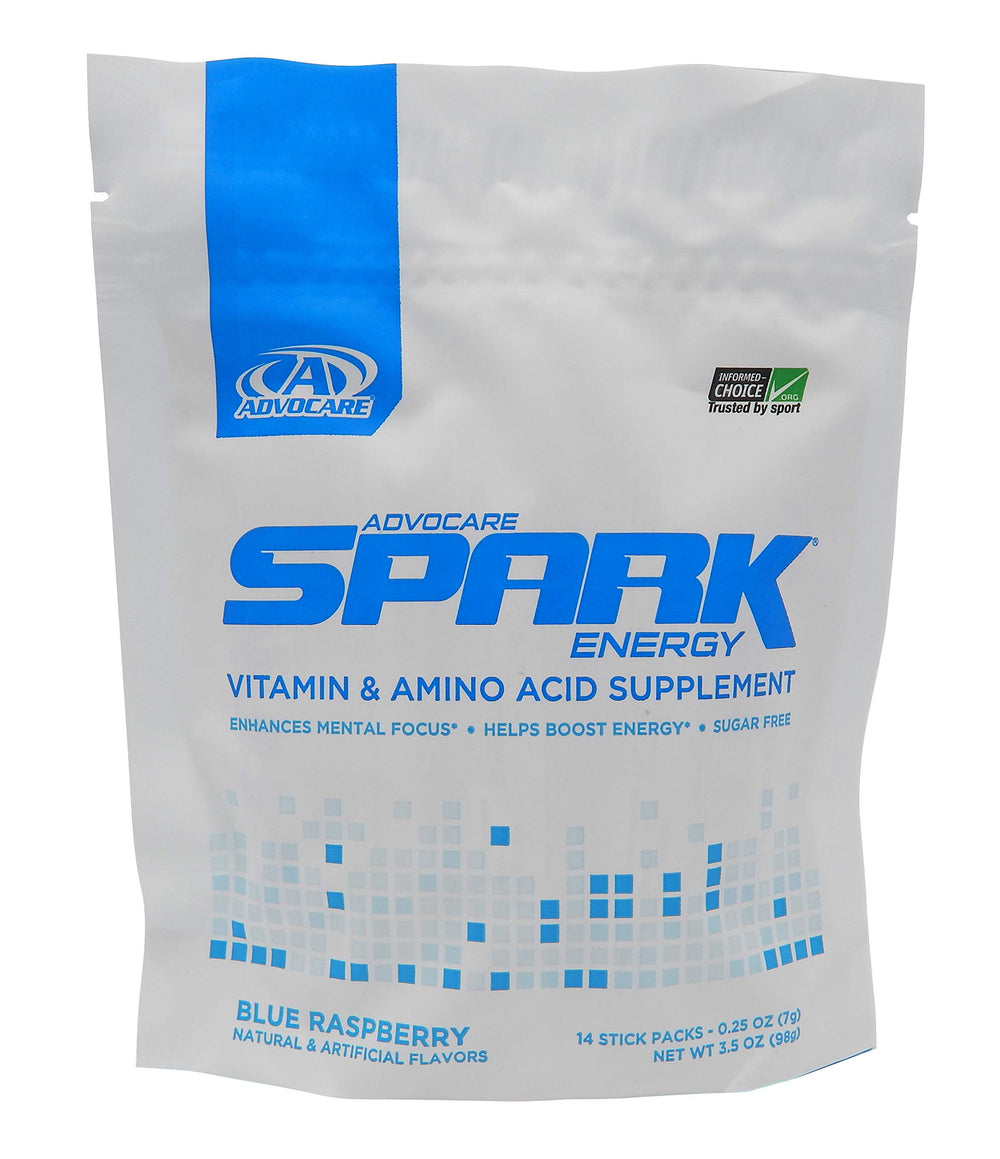 AdvoCare Spark blue raspberry stick-pack ready to boost focus and energy on the go