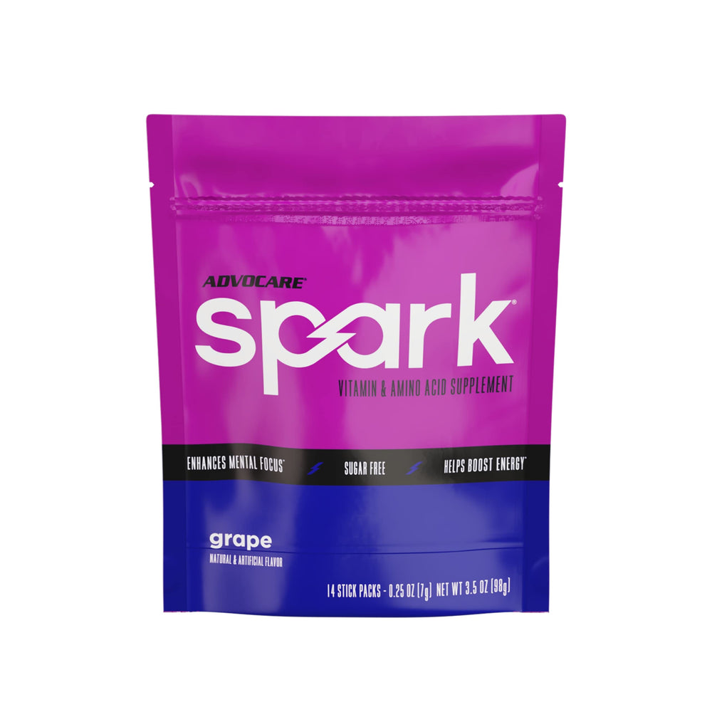 AdvoCare Spark grape stick pack close-up for portable energy on the go