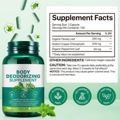 AEBEFBAW chlorophyllin capsules close-up highlighting odor-neutralizing ingredients