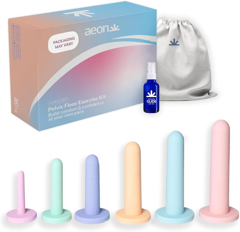 ÆON Gentle Touch six-piece silicone set displayed together for gentle pelvic routines