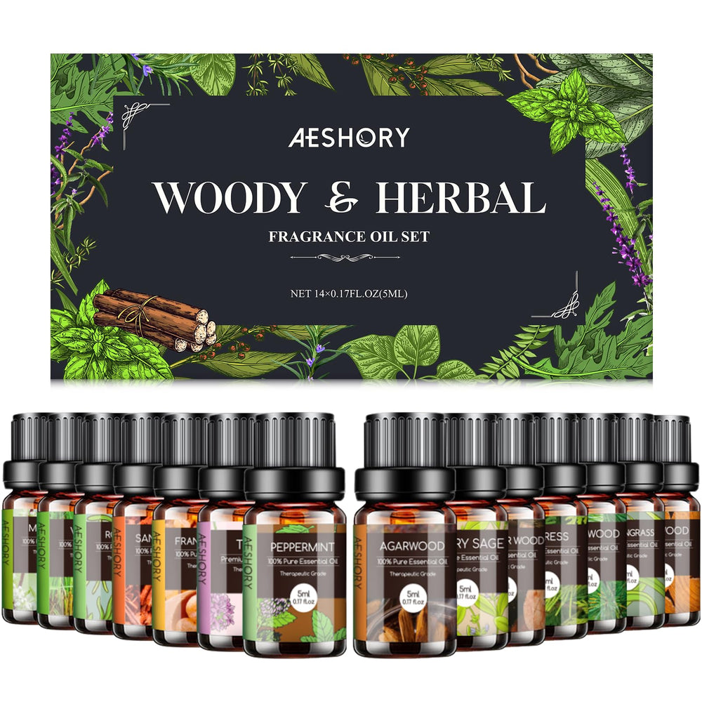 Aeshory Woody & Herbal Set sandalwood bottle shows warm, grounding aroma for diffusers