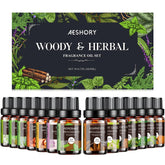 Aeshory Woody & Herbal Set sandalwood bottle shows warm, grounding aroma for diffusers