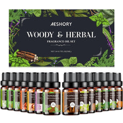 Aeshory Woody & Herbal Set sandalwood bottle shows warm, grounding aroma for diffusers