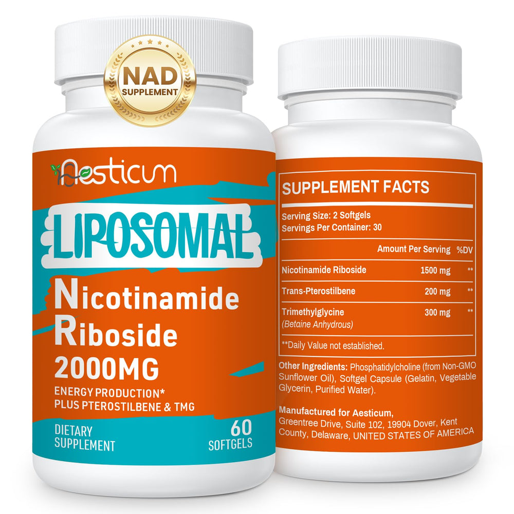 Aesticum 2000 mg NR bottle showing high-potency liposomal formulation for energy support.