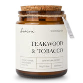 Aeviva teakwood tobacco candle in amber jar delivers warm, sophisticated aroma.