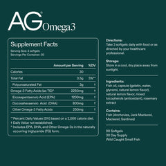 AG1 Omega3 label detail shows purity via molecular distillation