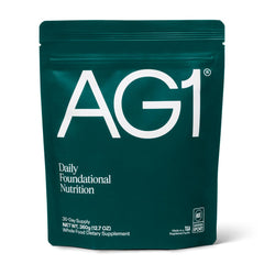 AG1 refill pouch front view showing convenient daily use for busy lifestyles.