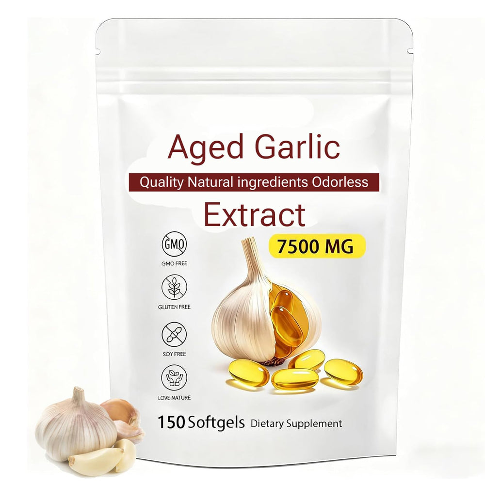 Aged Garlic Extract bottle highlighting odorless formula for easy daily use.