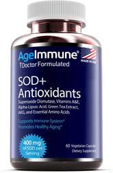 AgeImmune SOD Antioxidants bottle front, signaling daily immune support.