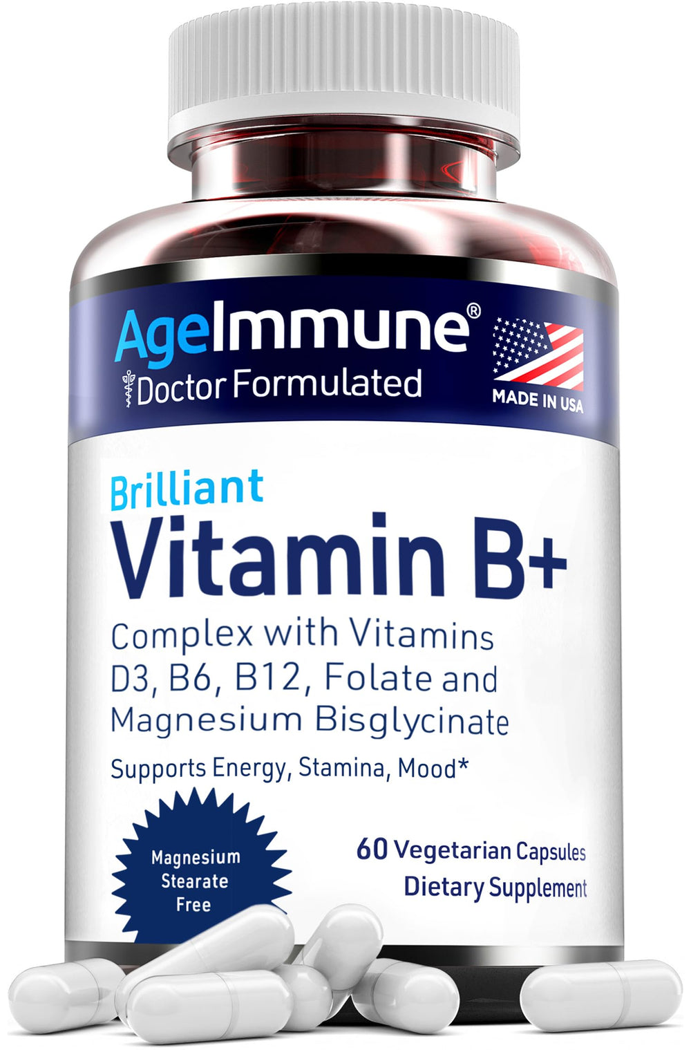 AgeImmune Vitamin B Complex bottle poured for daily energy support