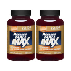 Ageless Male Max bottle close-up highlighting daily vitality support for workouts.