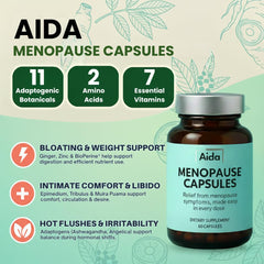 Aidavera menopause capsules close-up highlights herbal ingredients for energy and mood support.
