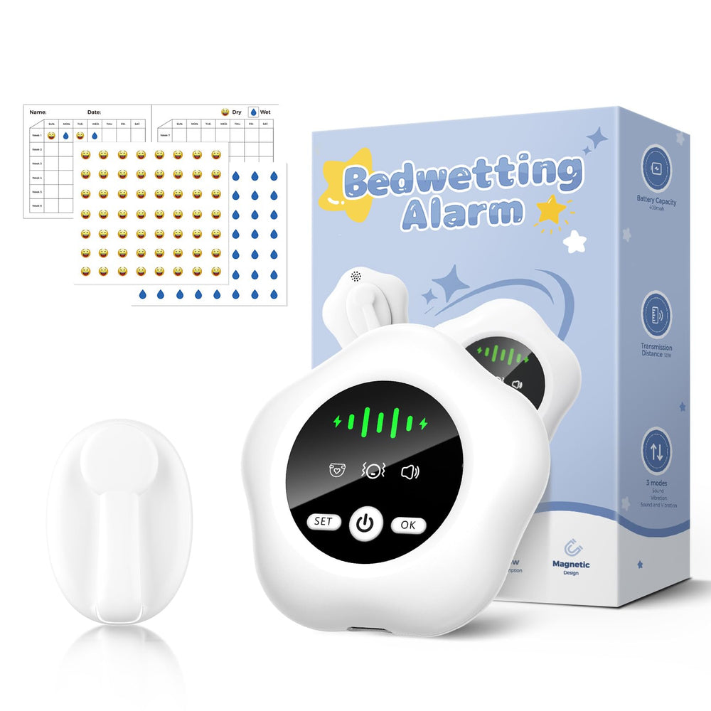 AIECCEGILS bedwetting alarm receiver in white with clear night indicators for alerts.