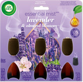 Air Wick Essential Mist Lavender and Almond Blossom refill bottle releasing calm fragrance for living rooms.