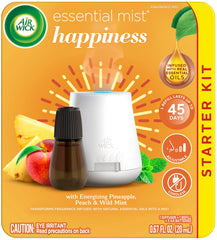 Air Wick Essential Mist Joy diffuser in a living room delivering a soft aroma