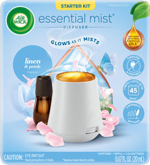 Air Wick Essential Mist diffuser unit showing a compact cordless setup for easy room-to-room fragrance.
