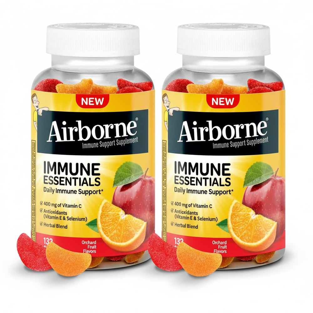 Airborne Immune Essentials bottle showing orchard fruit gummies for daily immune support.