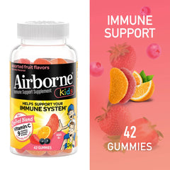 Airborne kids gummies assorted fruit pack for on-the-go, tasty immune support.