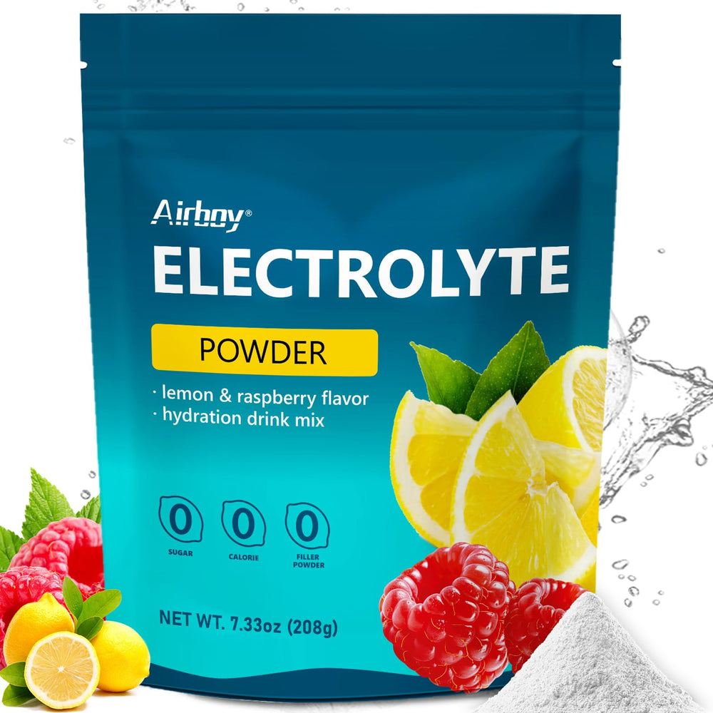 Airboy electrolytes powder bottle pouring with no-sugar formula for easy hydration.
