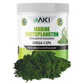 AKI Organic Marine Phytoplankton powder bottle highlights a plant-based omega blend for daily wellness