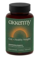 Akkermy bottle front showing Akkermansia probiotic for gut support and appetite balance