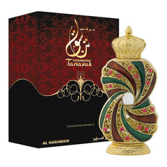 Al Haramain Tanasuk bottle with amber-vanilla aroma for all-day wear.