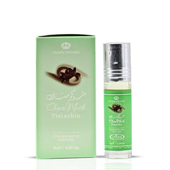 Al-Rehab Choco Musk Pistachio bottle closeup highlighting creamy pistachio and musk opening.