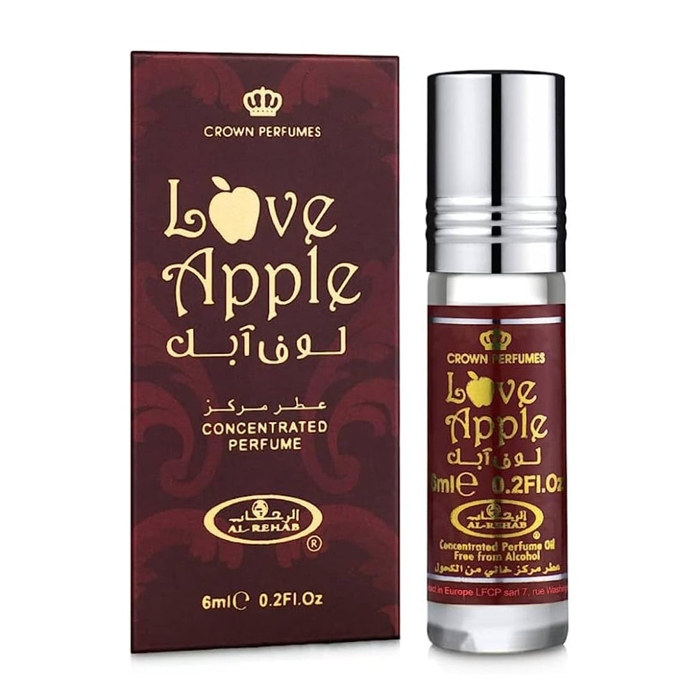Al-Rehab Love Apple bottle pour highlights a crisp green apple opening for a fresh daily wear