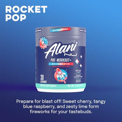 Alani Nu Pre-Workout Rocket Pop bottle highlights clean ingredient list