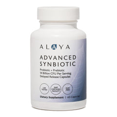 Alaya Naturals Advanced Synbiotic bottle supports daily gut wellness with easy-to-swallow capsules.