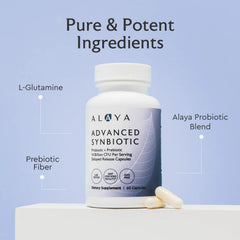 Alaya Naturals Advanced Synbiotic label provides clear formulation details for informed use.