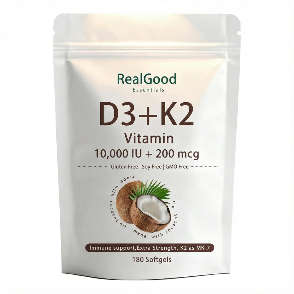 ALBIKYU RealGood Essentials D3 K2 softgels bottle showing daily intake option