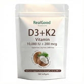 ALBIKYU RealGood Essentials D3 K2 softgels bottle showing daily intake option