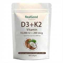 ALBIKYU RealGood Essentials D3 K2 softgels bottle showing daily intake option