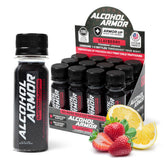 Alcohol Armor Recovery Shot bottle front shows DHM and electrolytes for quick hydration.