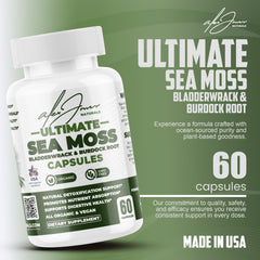 Alex Jones Naturals seamoss capsules label close-up highlighting natural ingredients.