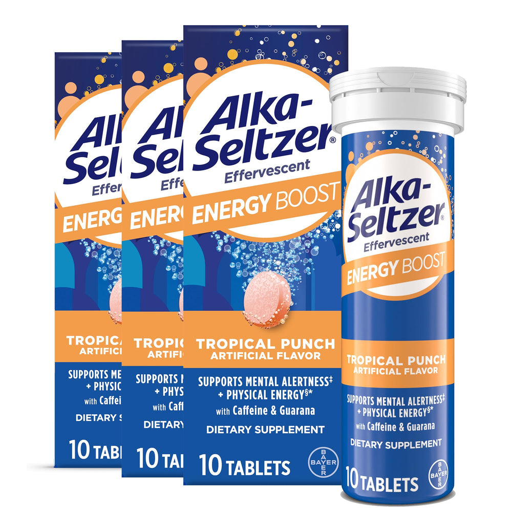 Alka-Seltzer Energy Boost tablet dissolving in water for quick energy