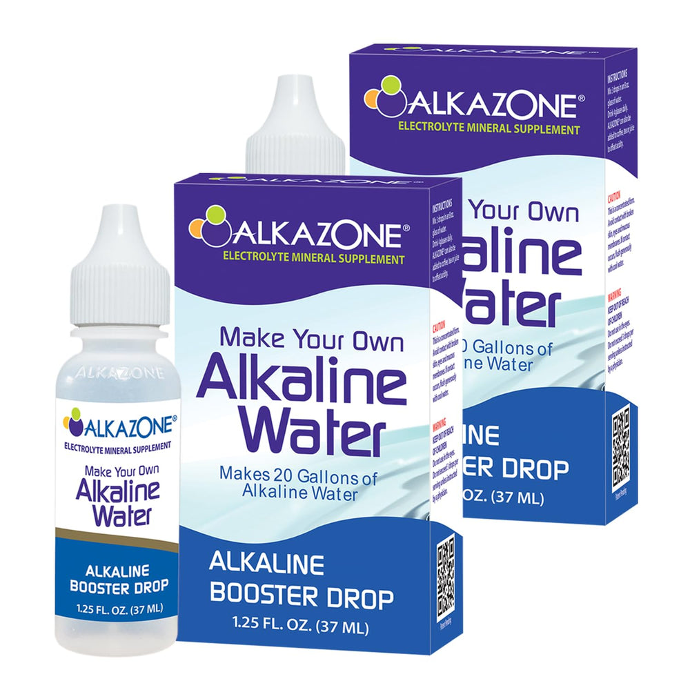 Alkazone alkaline booster drop bottle front showing compact packaging and ease of use