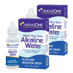 Alkazone alkaline booster drop bottle front showing compact packaging and ease of use