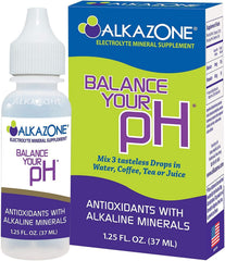 AlkaZone bottle close-up with drops added to water for balanced taste.