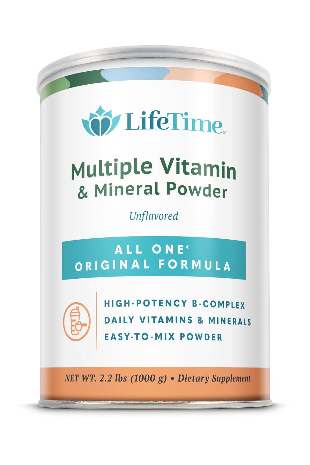 ALL ONE Original Formula powder tub close-up showing 8g protein per serving for daily nutrition.